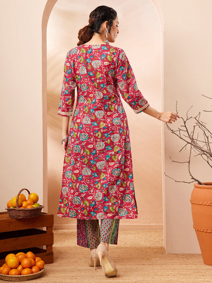 Janasya Women's Pink Pure Cotton Floral Printed Straight Kurta Pant Set