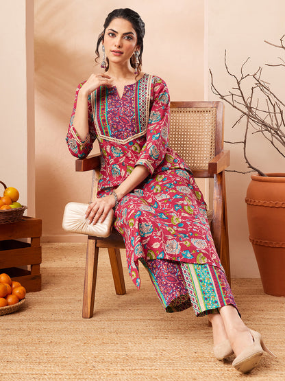 Janasya Women's Pink Pure Cotton Floral Printed Straight Kurta Pant Set