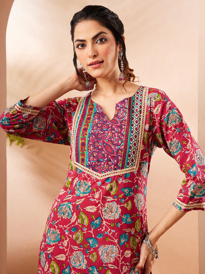 Janasya Women's Pink Pure Cotton Floral Printed Straight Kurta Pant Set