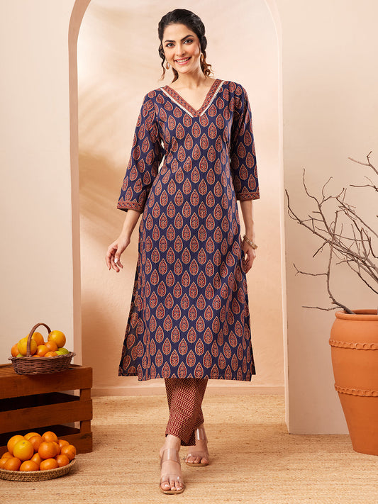 Janasya Women's Navy Blue Pure Cotton Printed Straight Kurta Pant Set