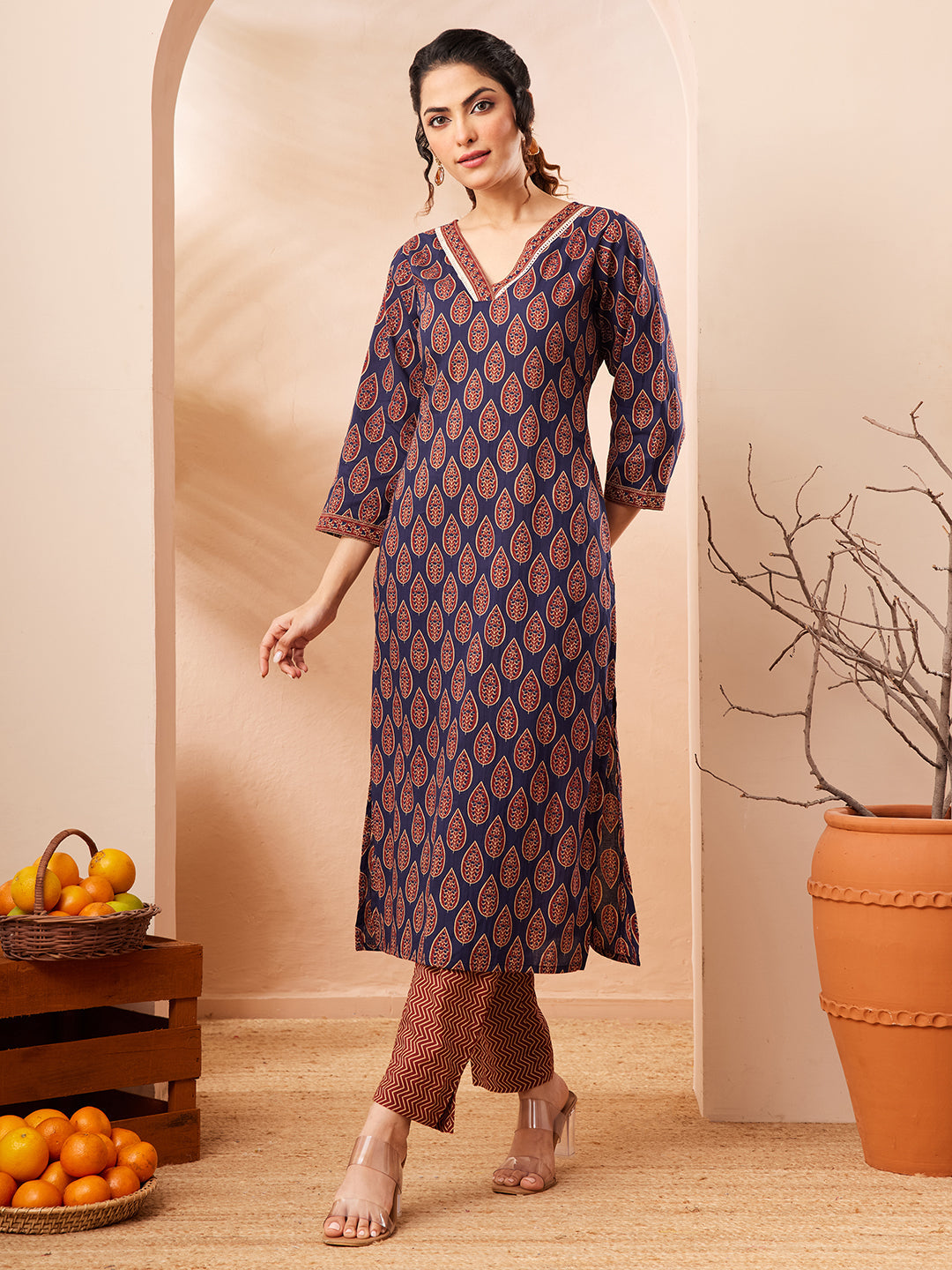 Janasya Women's Navy Blue Pure Cotton Printed Straight Kurta Pant Set