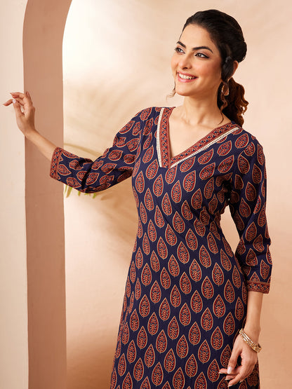 Janasya Women's Navy Blue Pure Cotton Printed Straight Kurta Pant Set