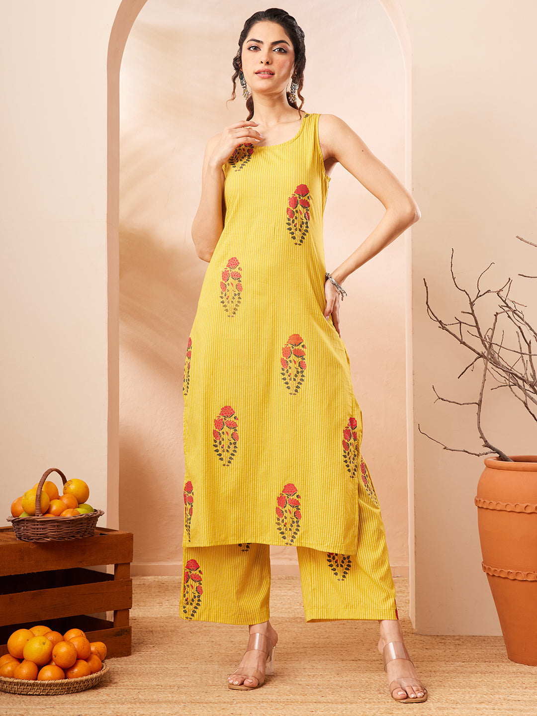 Janasya Women's Yellow Cotton Floral Printed Straight Kurta With Pant Set