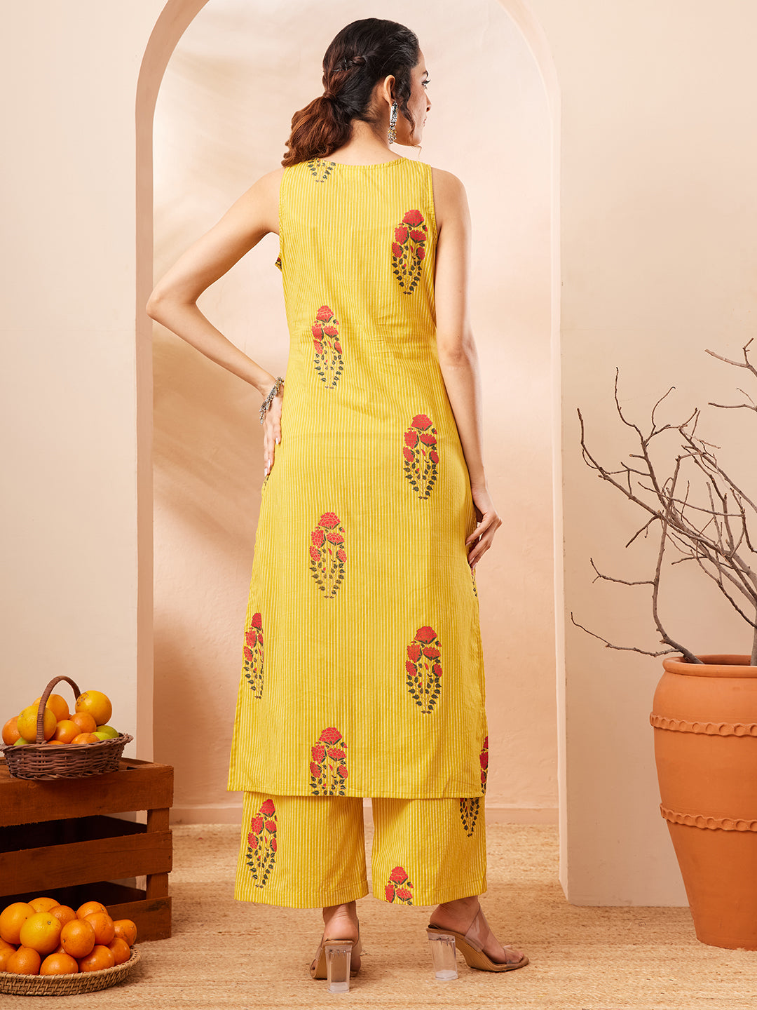 Janasya Women's Yellow Cotton Floral Printed Straight Kurta With Pant Set