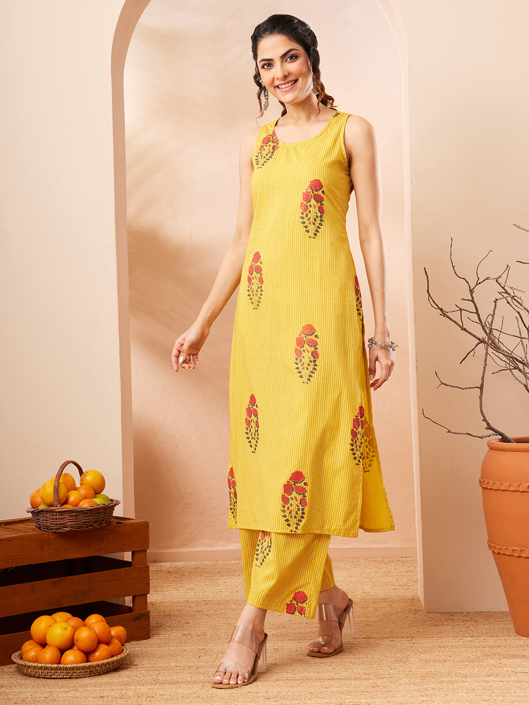 Janasya Women's Yellow Cotton Floral Printed Straight Kurta With Pant Set