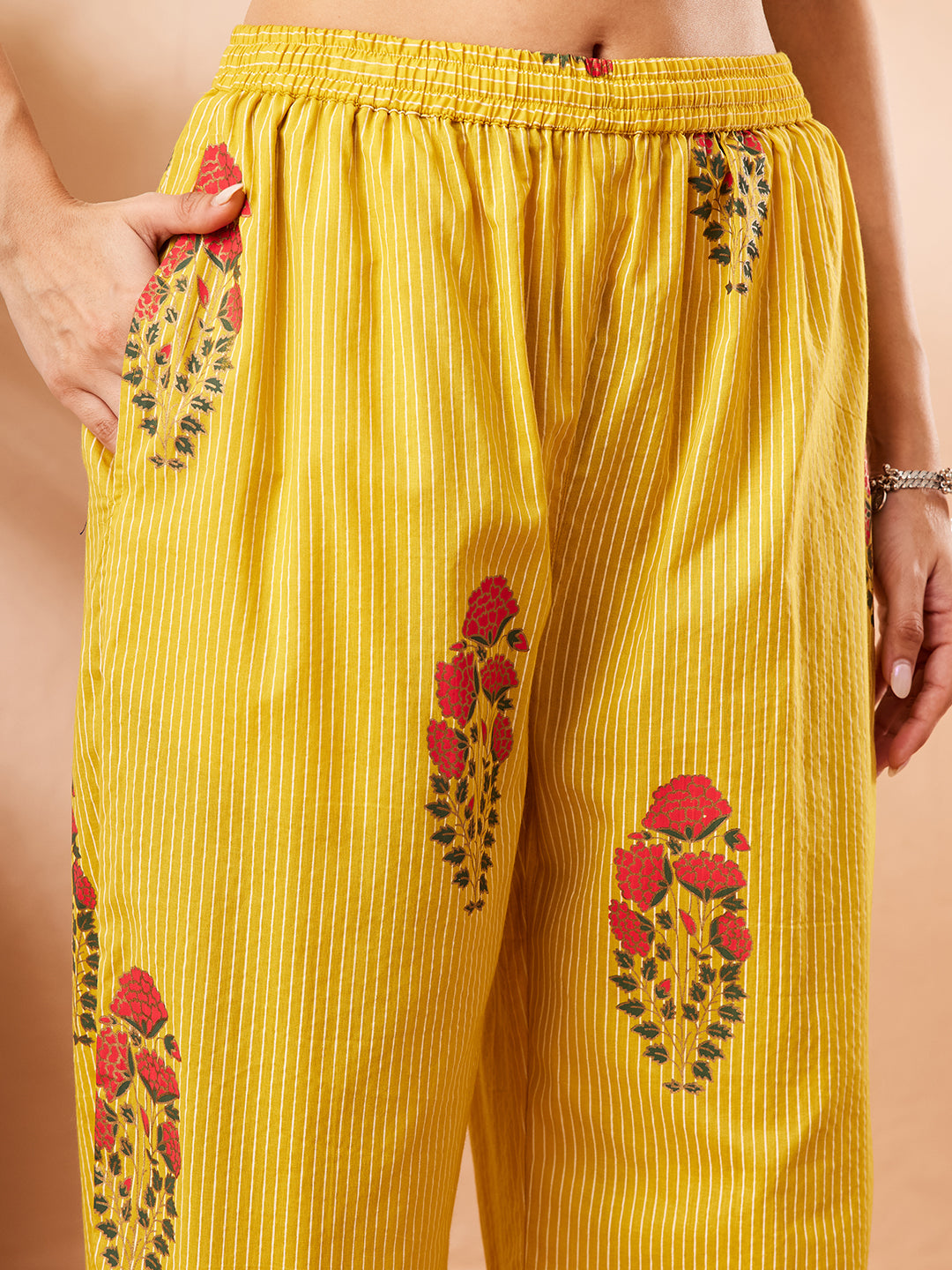 Janasya Women's Yellow Cotton Floral Printed Straight Kurta With Pant Set