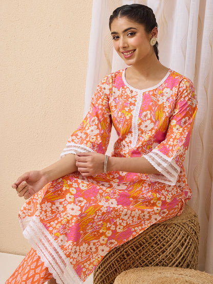 Janasya Women's Orange Pure Cotton Floral Printed Straight Kurta With Pant Set