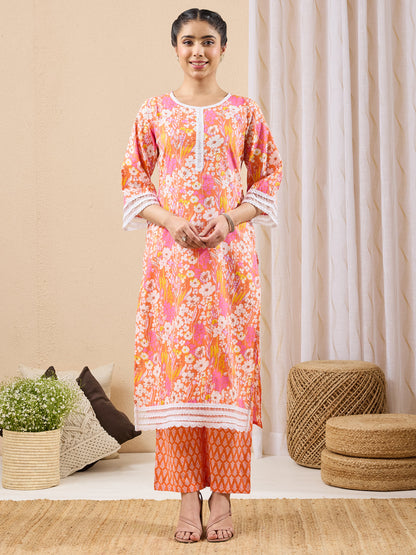 Janasya Women's Orange Pure Cotton Floral Printed Straight Kurta With Pant Set