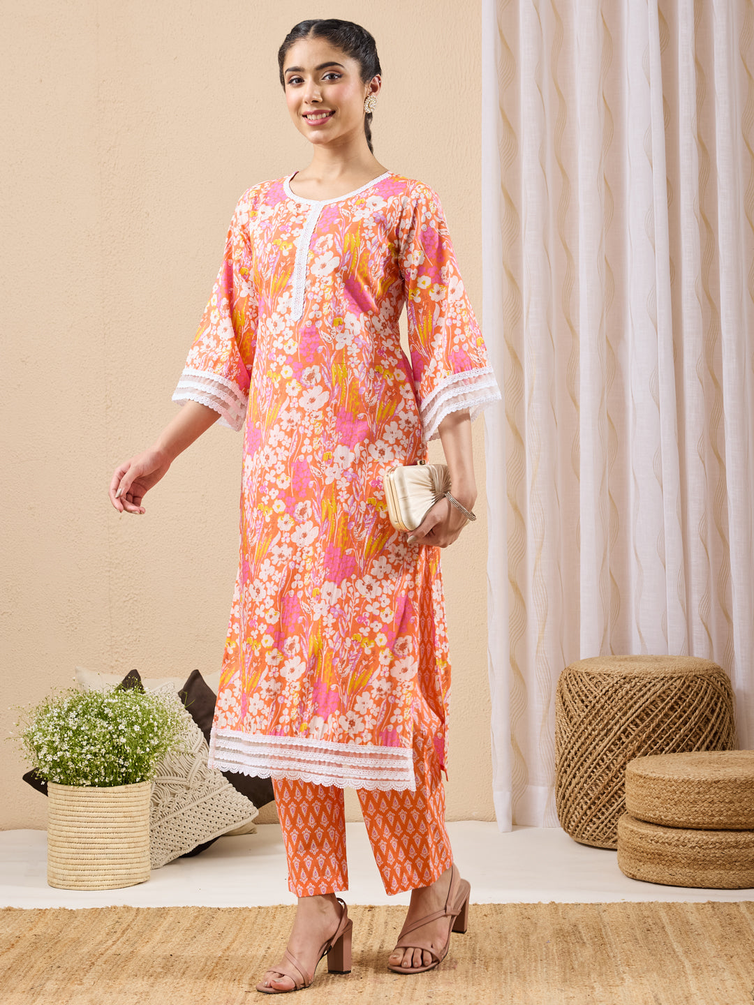 Janasya Women's Orange Pure Cotton Floral Printed Straight Kurta With Pant Set