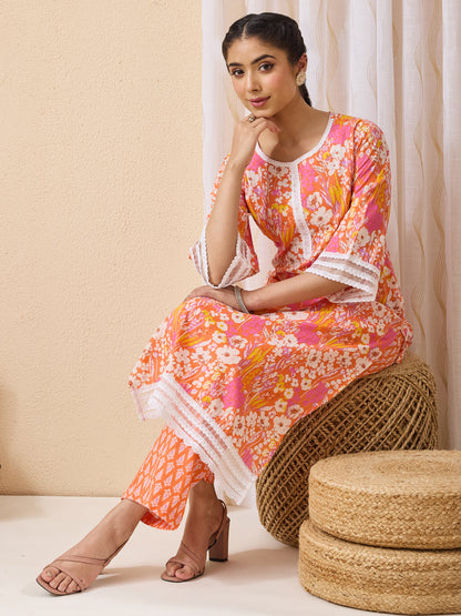 Janasya Women's Orange Pure Cotton Floral Printed Straight Kurta With Pant Set