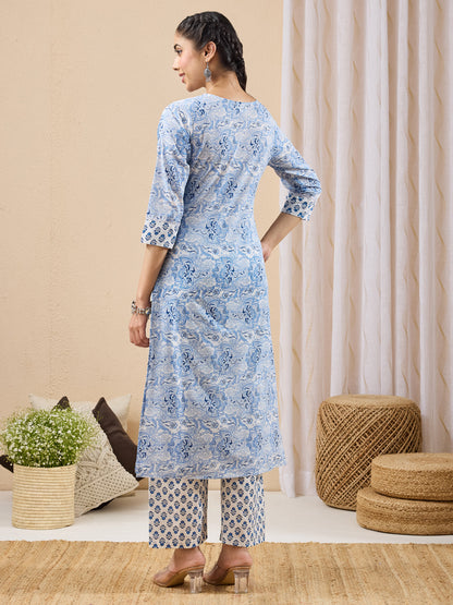 Janasya Women's Light Blue Pure Cotton Batik Printed Straight Kurta With Pant Set