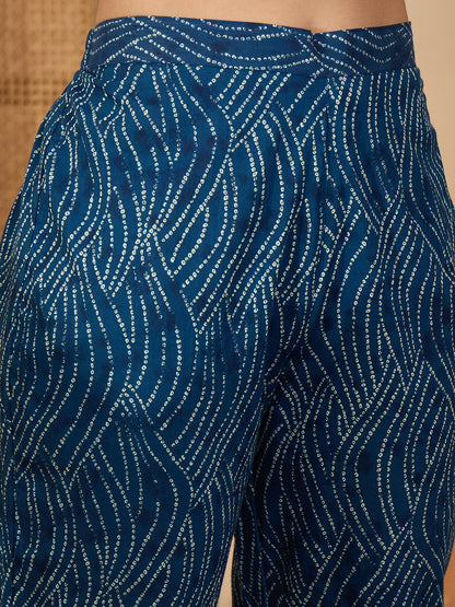 Janasya Women's Indigo Pure Cotton Bandhani Printed A-Line Kurta with Pant Set