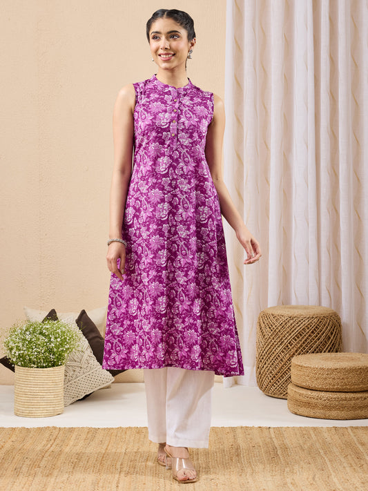 Janasya Women's Purple Pure Cotton Floral Printed A-line Kurta