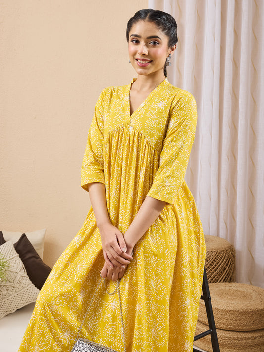 Janasya Women's Yellow Pure Cotton Floral Printed A-line Flared Kurta
