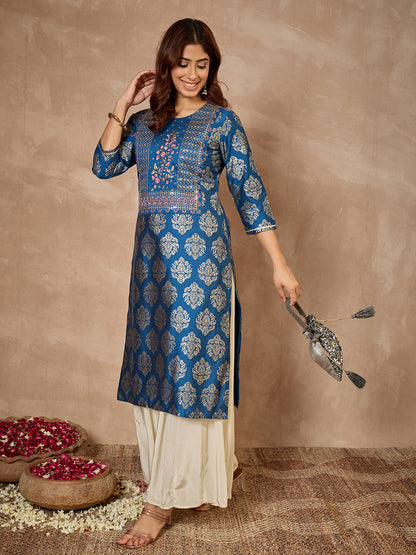 Janasya Women's Teal Blue Silk Blend Foil Printed Floral Embroidered Straight Kurta