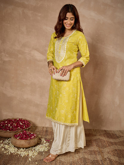 Janasya Women's Lime Silk Blend Yoke Embroidered Foil Printed Straight Kurta