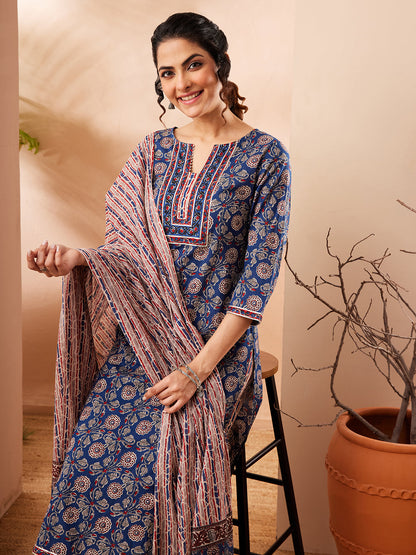 Janasya Women's Blue Pure Cotton Floral Printed Straight Kurta Set