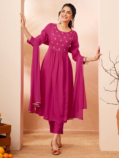 Janasya Women's Pink Rayon Yoke Embroidered A-line Kurta Set