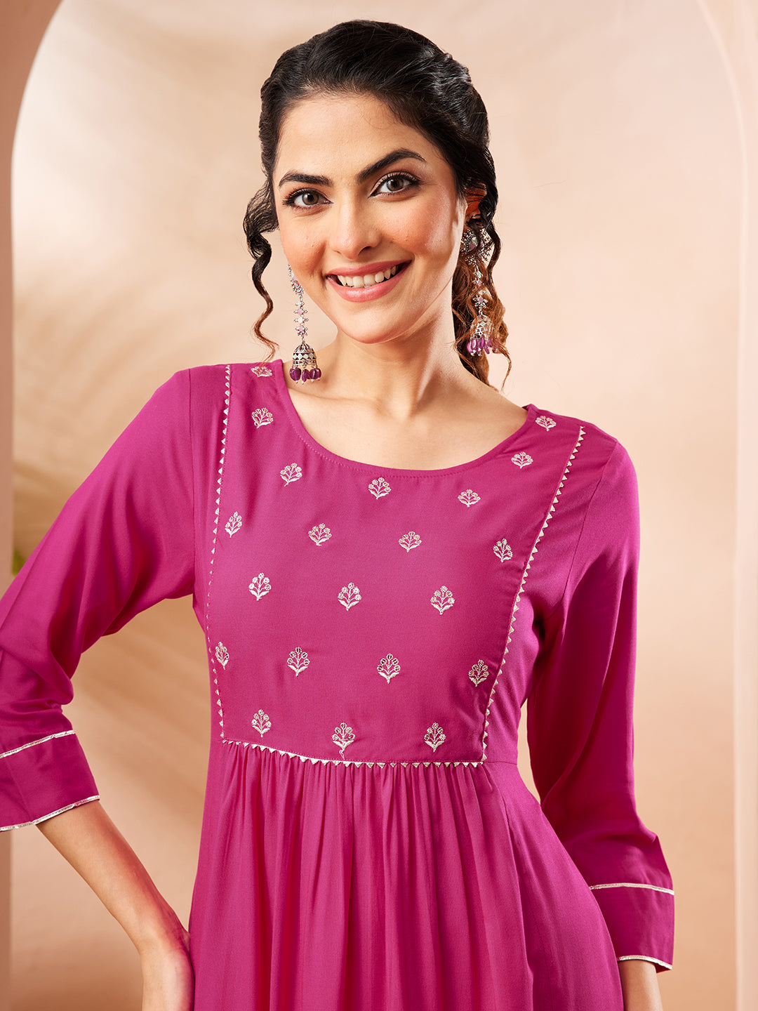 Janasya Women's Pink Rayon Yoke Embroidered A-line Kurta Set