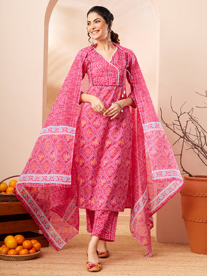 Janasya Women's Pink Pure Cotton Bandhani Printed Kurta Set