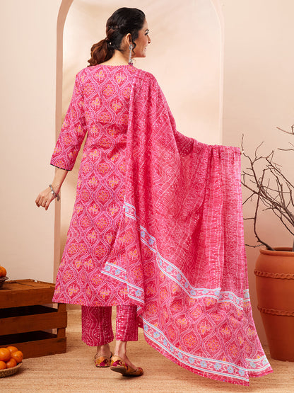 Janasya Women's Pink Pure Cotton Bandhani Printed Kurta Set