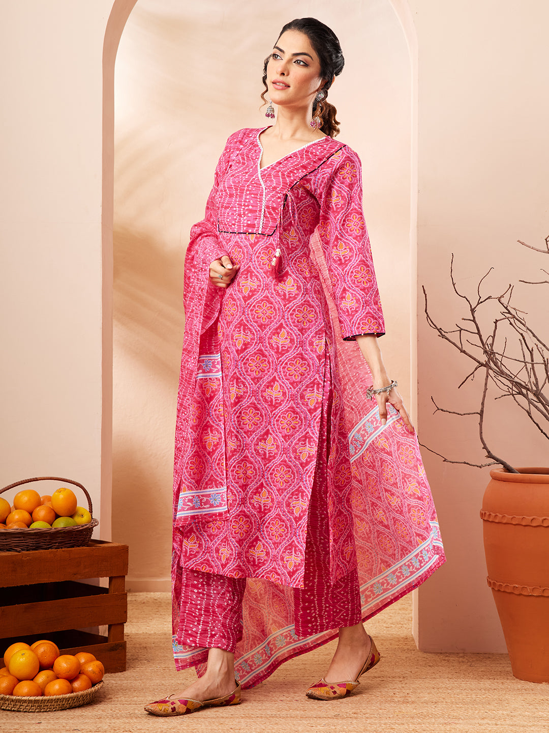 Janasya Women's Pink Pure Cotton Bandhani Printed Kurta Set