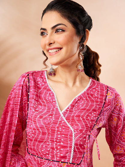 Janasya Women's Pink Pure Cotton Bandhani Printed Kurta Set