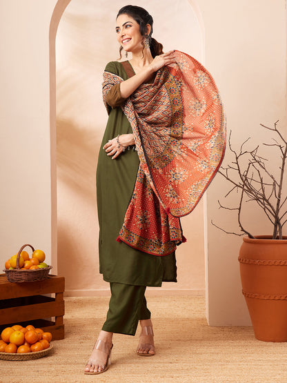 Janasya Women's Olive Green Rayon Slub Straight Kurta Set With Printed Dupatta