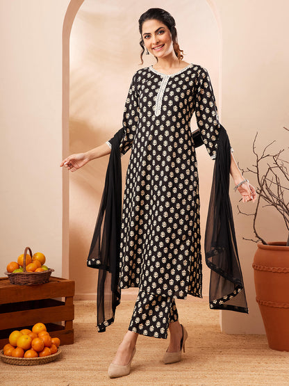 Janasya Women's Black Pure Cotton Floral Printed Straight Kurta Set