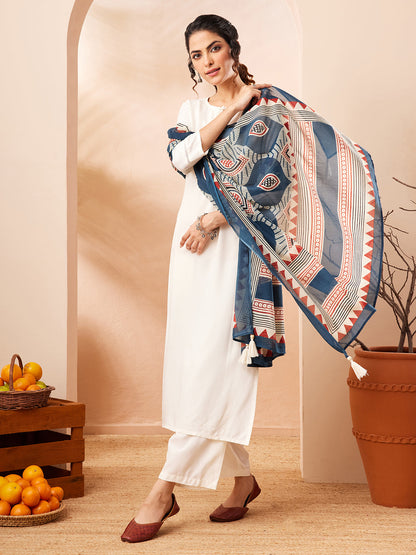 Janasya Women's Off White Rayon Solid Straight Kurta Set