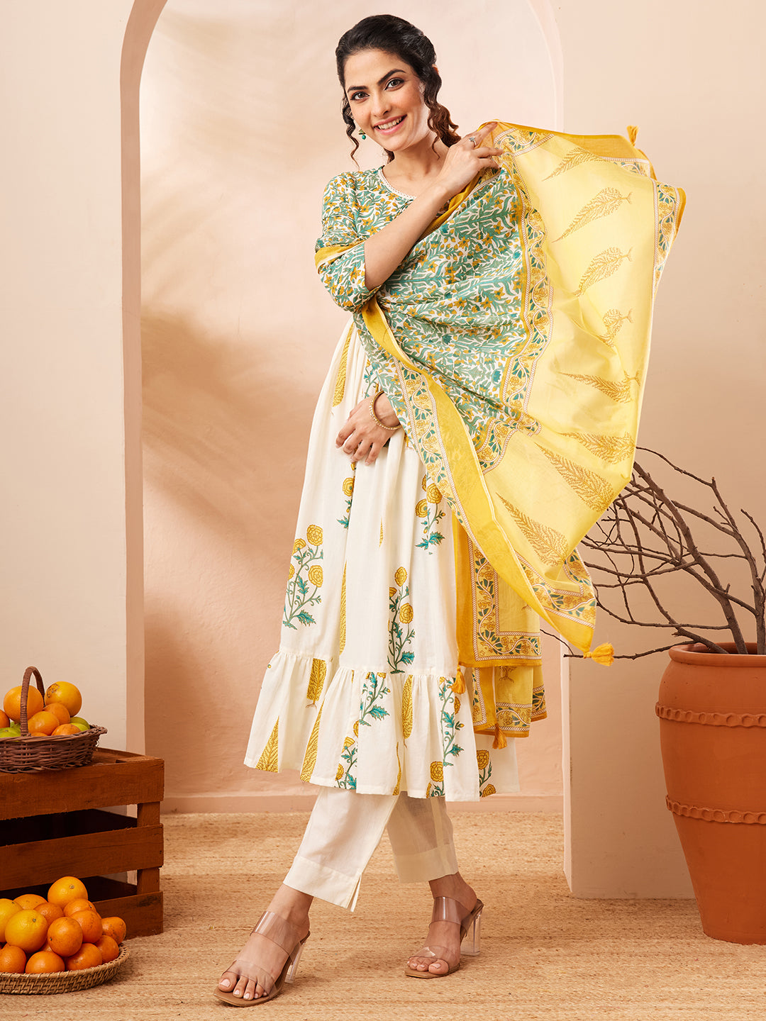 Janasya Women's Off White Pure Cotton Floral Printed Flared A-line Kurta Set