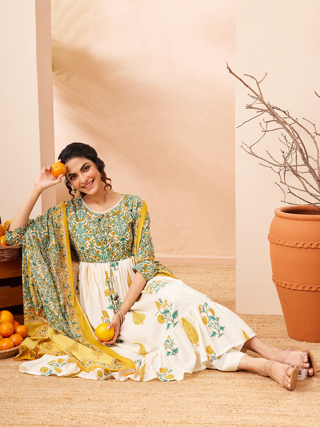 Janasya Women's Off White Pure Cotton Floral Printed Flared A-line Kurta Set