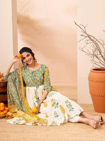 Janasya Women's Off White Pure Cotton Floral Printed Flared A-line Kurta Set