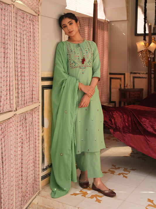 Janasya Women's Mint Green Linen Cotton Embroidered Straight Kurta Set