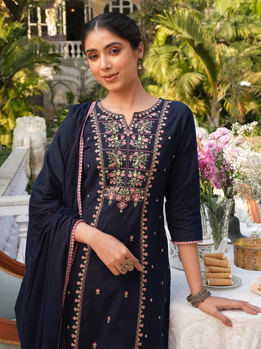 Janasya Women's Navy Blue Linen Cotton Embroidered Straight Kurta Set