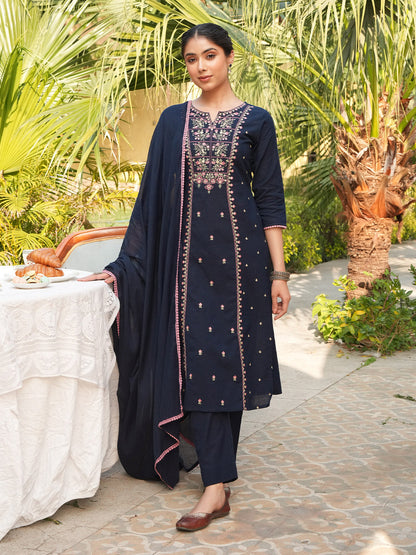 Janasya Women's Navy Blue Linen Cotton Embroidered Straight Kurta Set