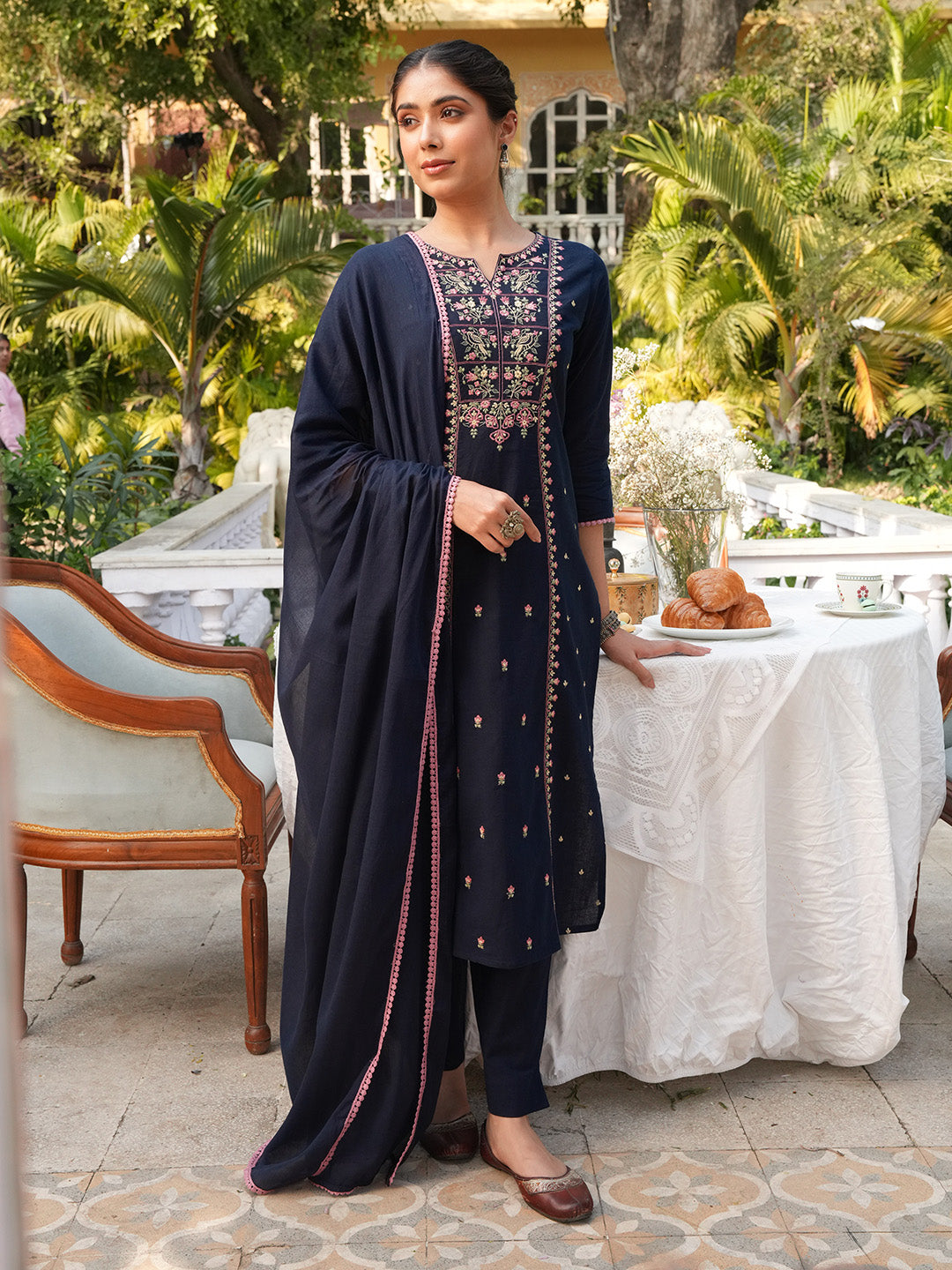Janasya Women's Navy Blue Linen Cotton Embroidered Straight Kurta Set