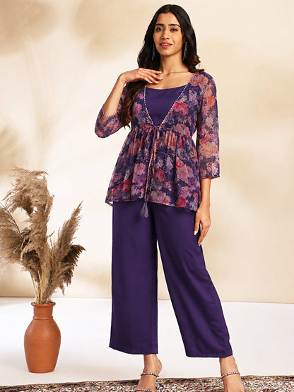 Janasya Women's Purple Chiffon Solid Shoulder Strap Crop Top with Trouser & Floral Printed Shrug