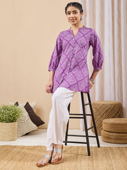 Janasya Women's Purple Pure Cotton Bandhani Printed A-line Tunic