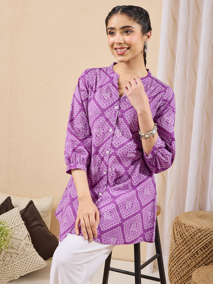 Janasya Women's Purple Pure Cotton Bandhani Printed A-line Tunic
