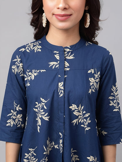 Janasya Women's Navy Blue Pure Cotton Floral Printed A-Line Tunic