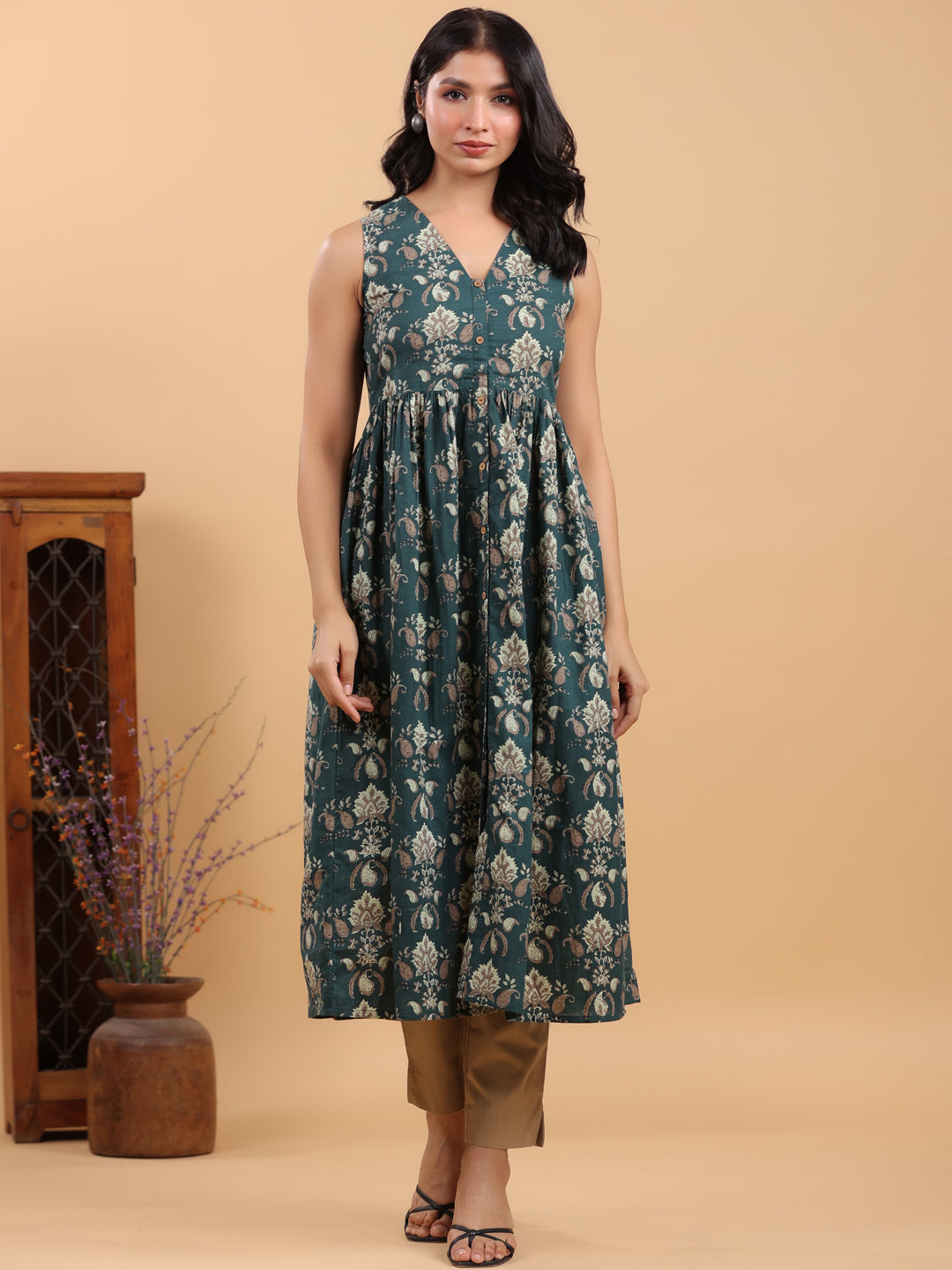 Dark Green Pure Cotton Paisley Printed A-Line Kurta