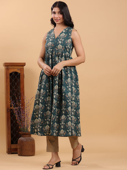 Dark Green Pure Cotton Paisley Printed A-Line Kurta