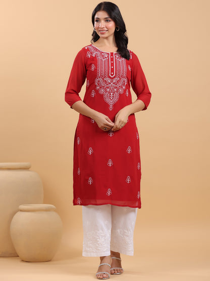 Maroon Georgette Embroidered Straight Kurta