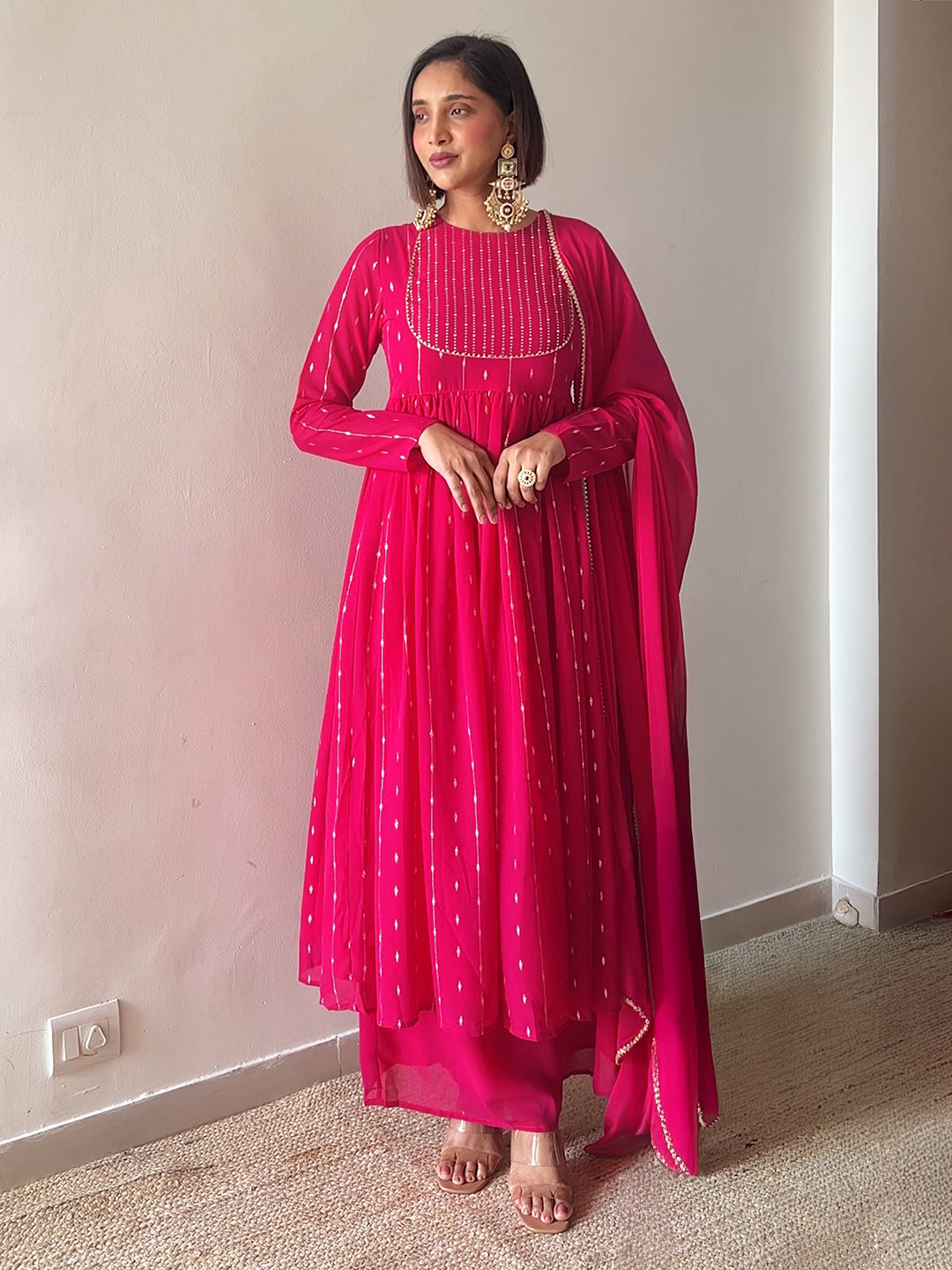 Pink Georgette Foil Printed Anarkali Kurta Set