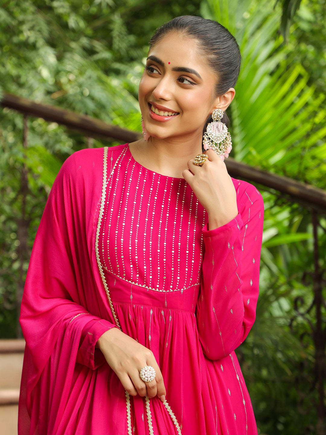 Pink Georgette Foil Printed Anarkali Kurta Set