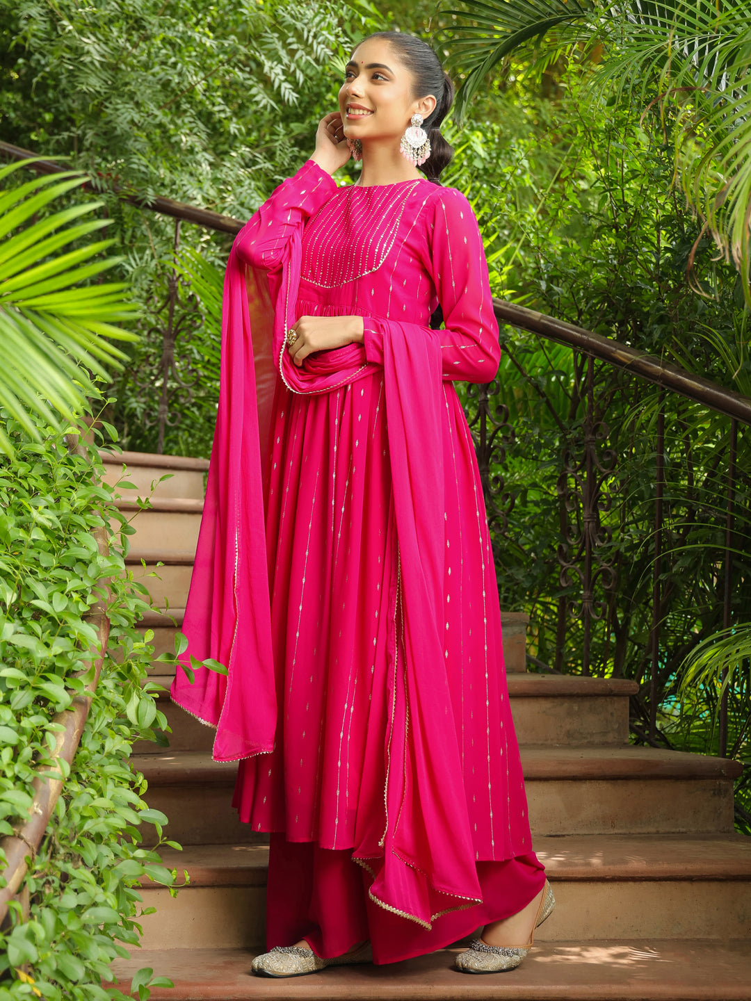 Pink Georgette Foil Printed Anarkali Kurta Set