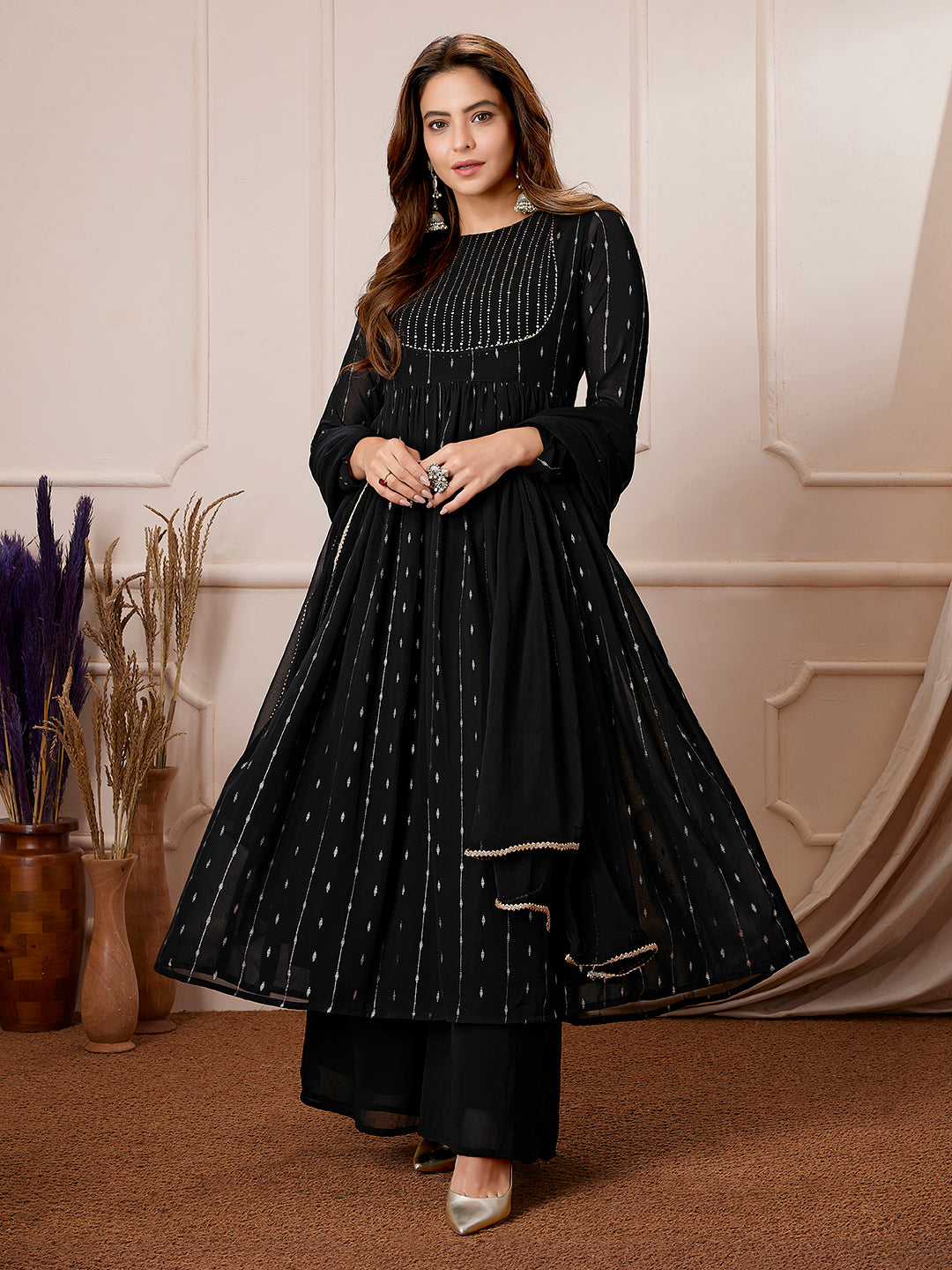 Black Georgette Foil Printed Anarkali Kurta Set