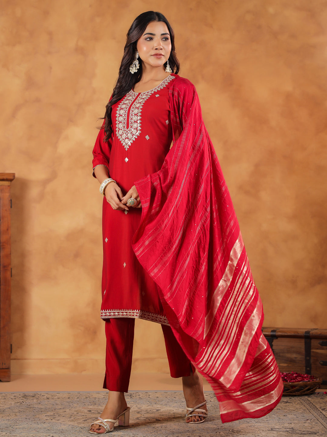 Maroon Silk Blend Embroidered Straight Kurta Set