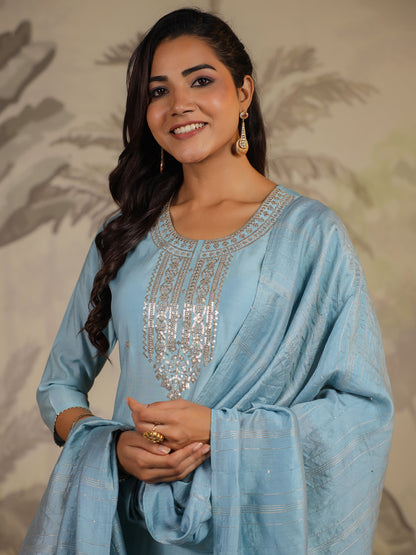 Light Blue Chanderi Silk Embroidered Straight Kurta Set